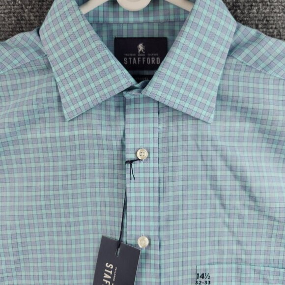 NWT Stafford Travel Button Up Shirt Green Blue Check 14.5 32/33 Regular Woven - Picture 2 of 16